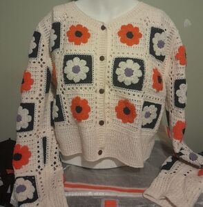 Rebellion Floral Crochet Cardigan in Cream and Orange